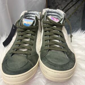 P448 Olive Green Suede & Sherpa High Top Sneakers